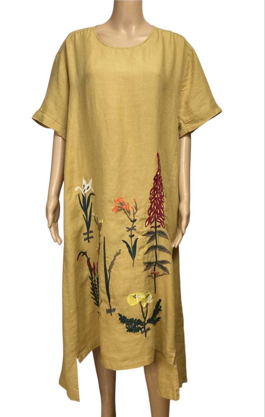 Minibee Floral Embroidered Linen Cotton Blend Dress Hi-Low Midi Tunic yellow XXL